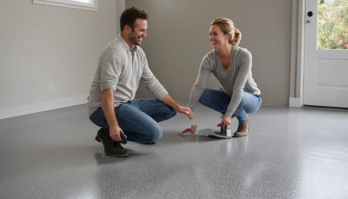 Homeowner and a local provider looking over a freshly coated concrete floor in a Deltona home